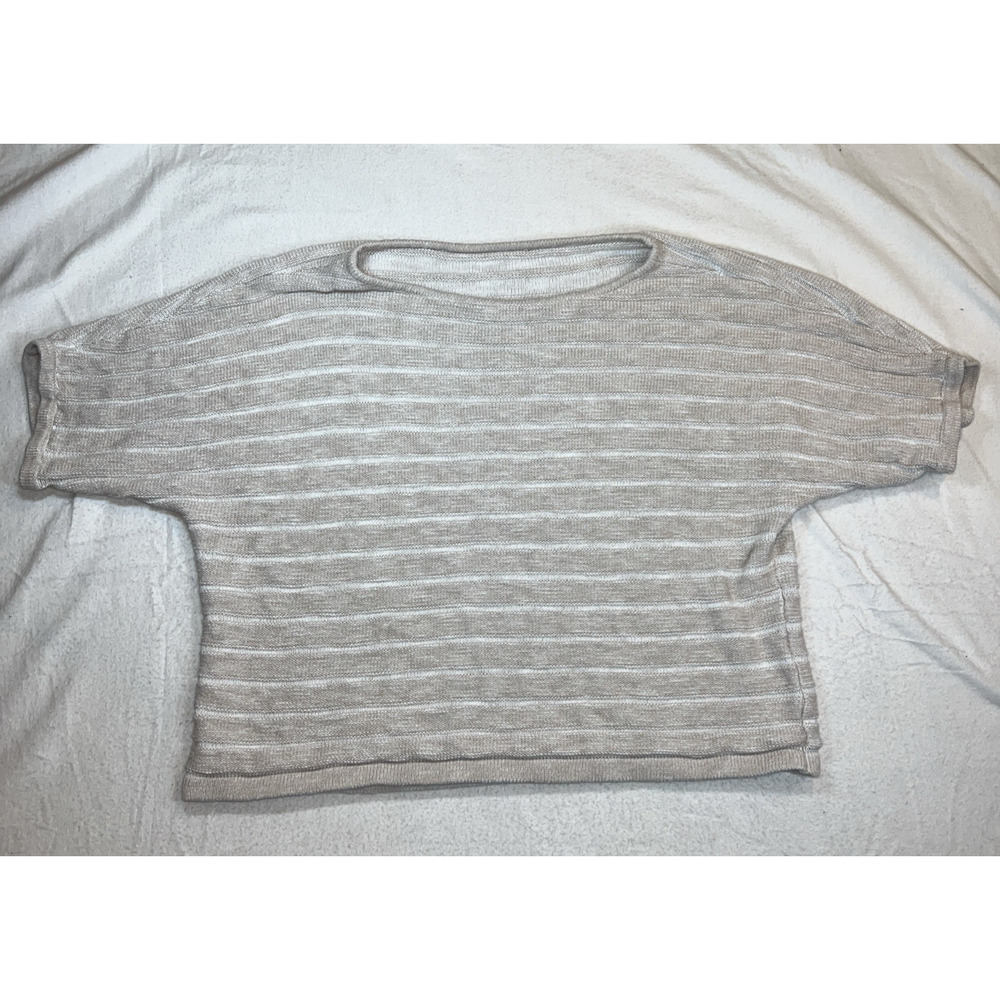 Chicos Knit Short Sleeve Sweater Boat Neck Beige Cropped Ribbed Stripes Large